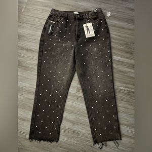 Simple‎ Society Women Jeans Black Denim Rhinestone Polka Dot High Rise Size 32